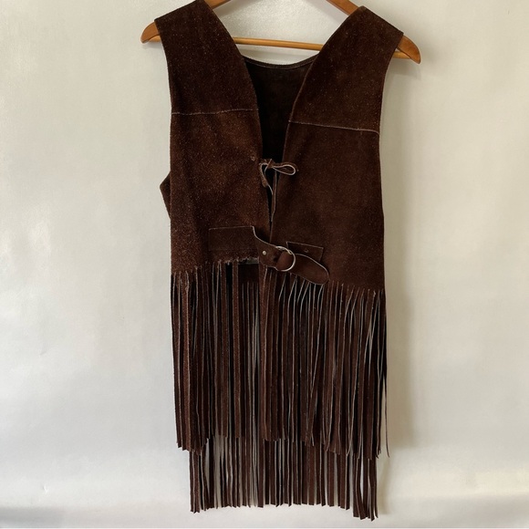 Vintage Jackets & Blazers - Vintage Suede Leather Brown Fringe Hippie Vest